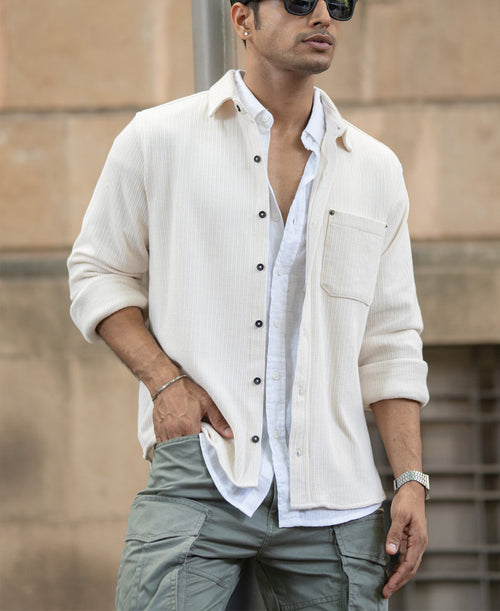 Cream Structured Shirt With Pocket