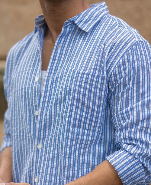 Blue Seersucker Striped Shirt 100% Cotton