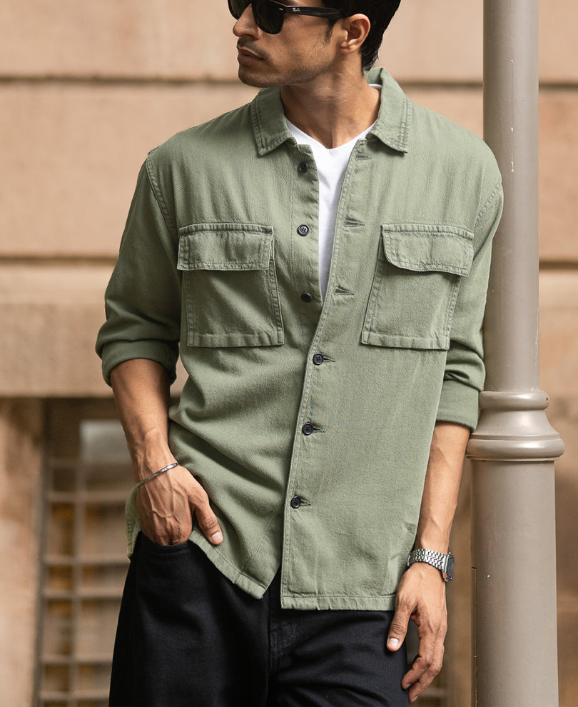 Olive Denim Overshirt 100% Cotton
