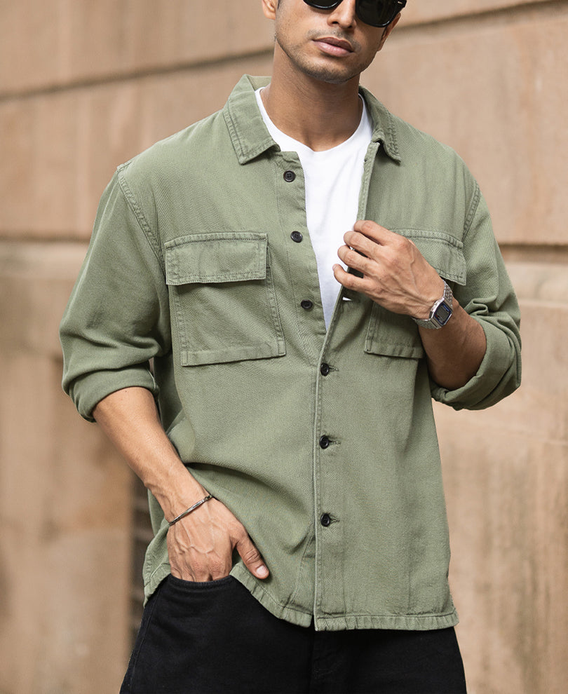 Olive Denim Overshirt 100% Cotton