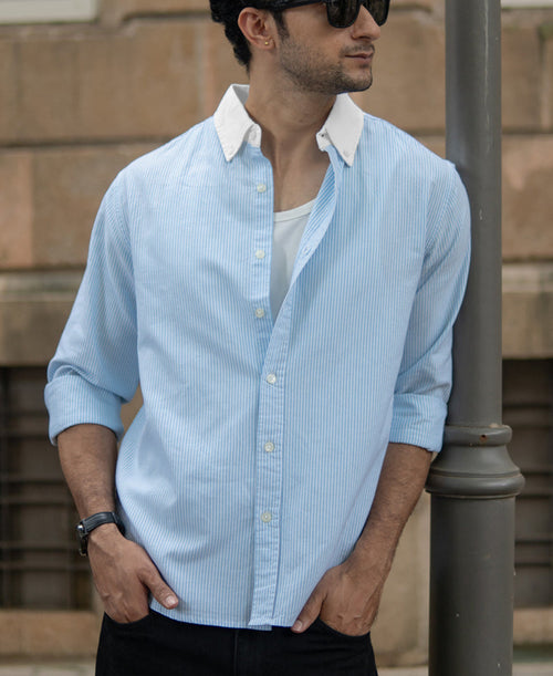 Blue Oxford Contrast Collar Stripe Shirt 100% Cotton