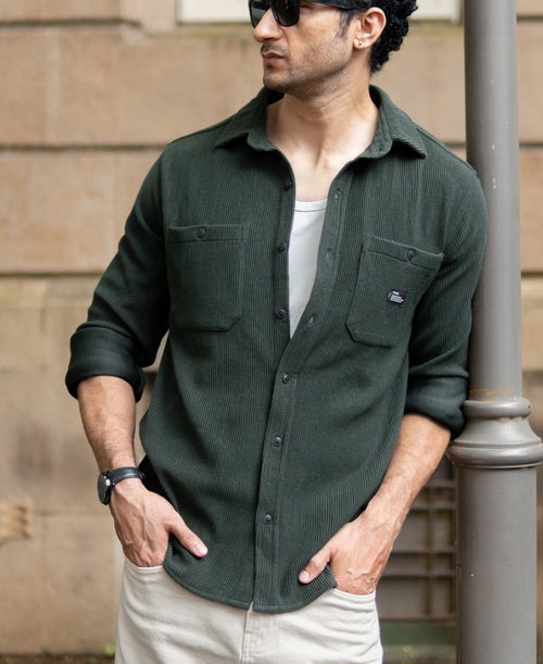 Dark Olive Knit Shirt With Pockets