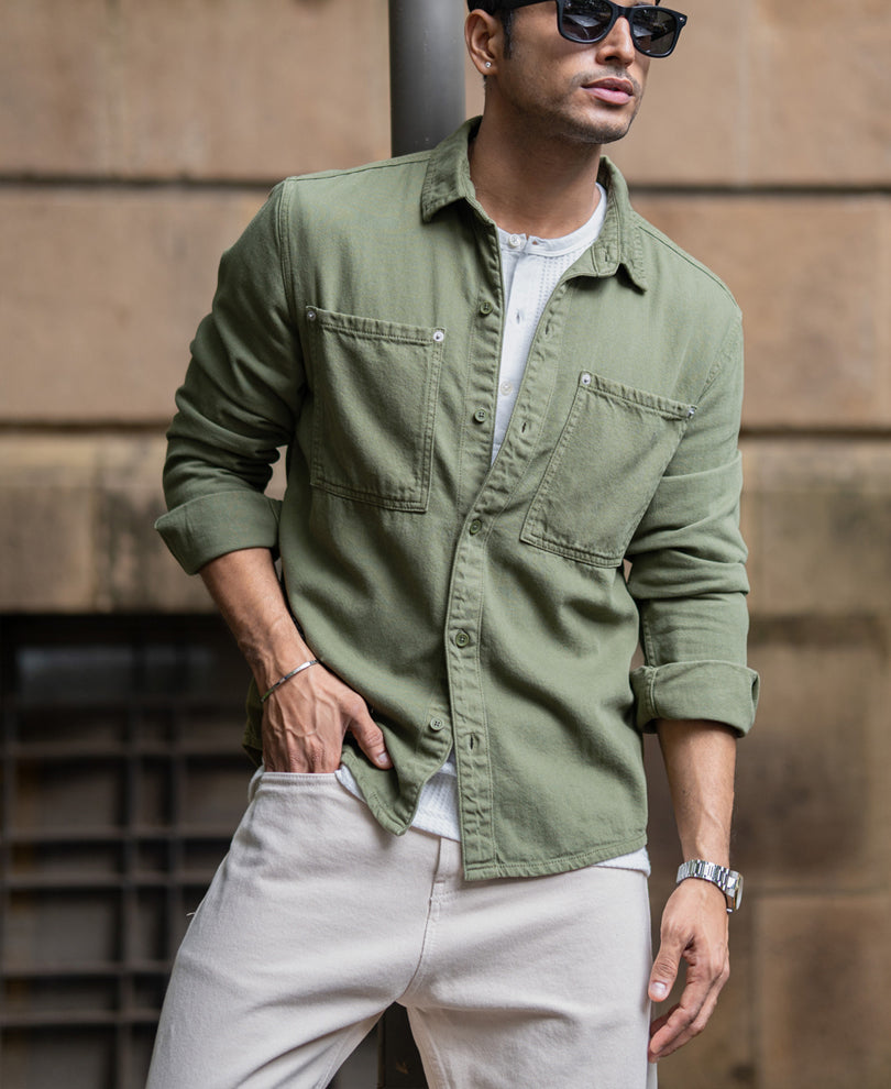 Green Textured Overshirt 100% Cotton