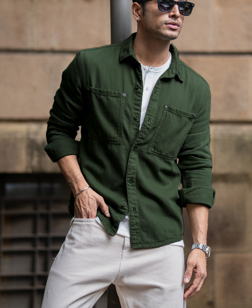 Pine Green Textured Overshirt 100% Cotton
