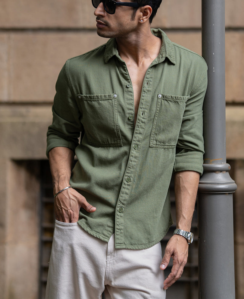 Green Textured Overshirt 100% Cotton