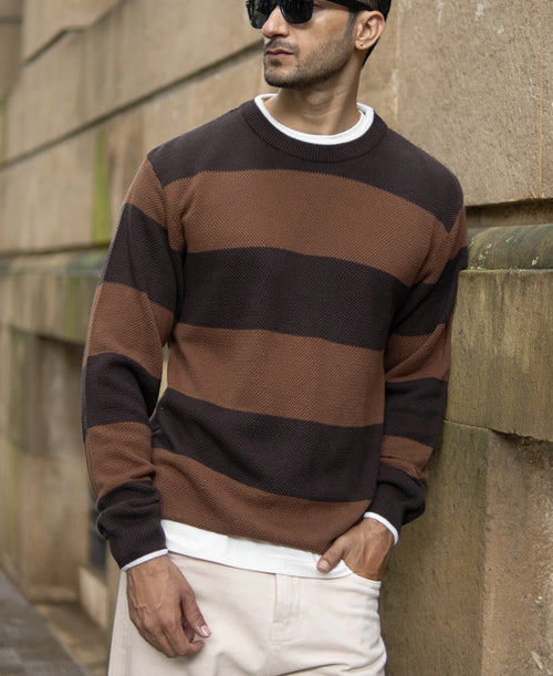 Brown Structured Stripe T-Shirt 100% Cotton