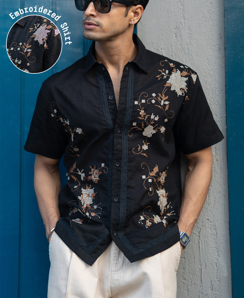 Black Embroidered Shirt 100% Cotton