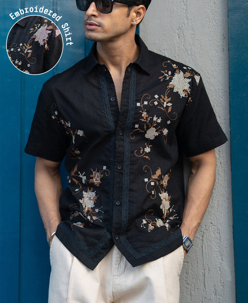Black Embroidered Shirt 100% Cotton