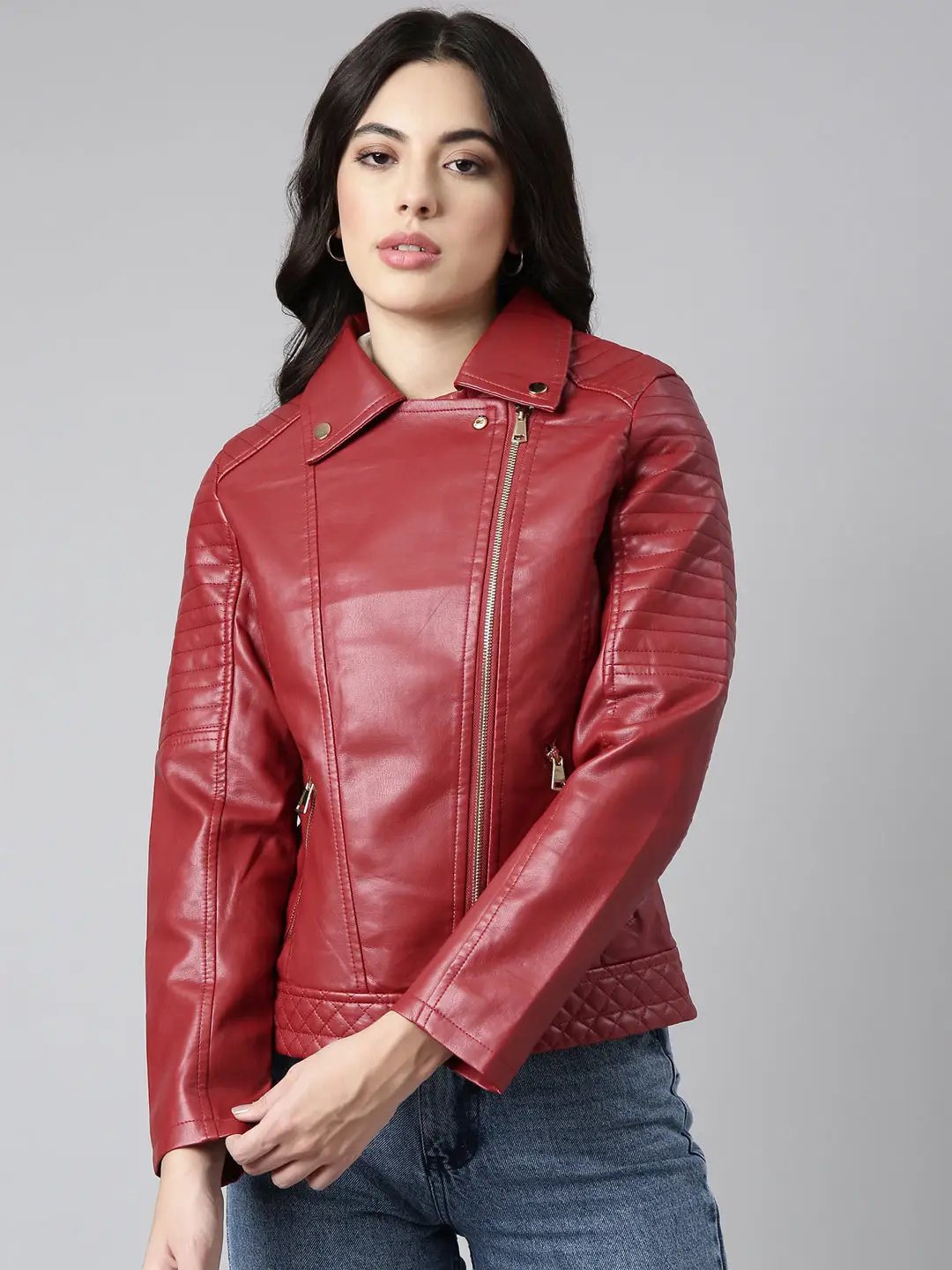 Women's Solid Red Biker Jacket