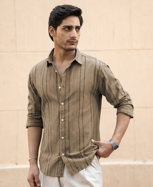 Dark Beige Boucle Stripe Shirt 100% Cotton