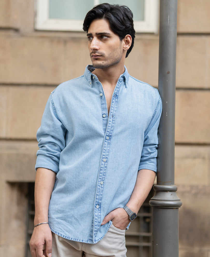 Light Blue Washed Button Down Shirt 100% Cotton