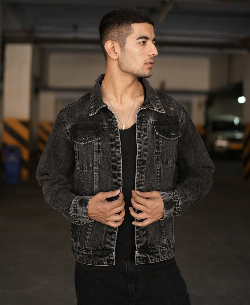 Dusty Black Ripped Denim Jacket 100% Cotton