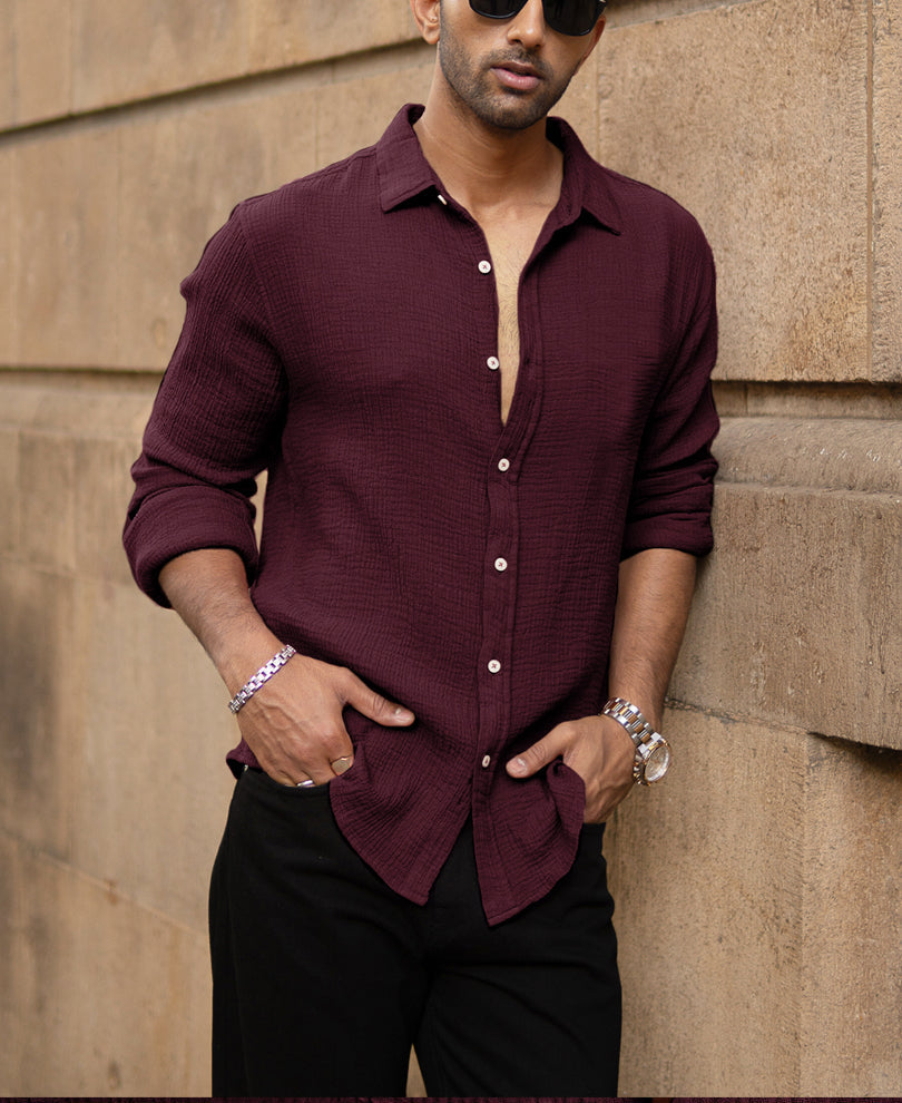 Wine Crinkled Shirt 100% Cotton