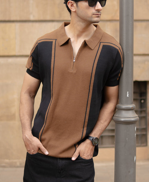 Brown And Black Panelled T-Shirt 100% Cotton