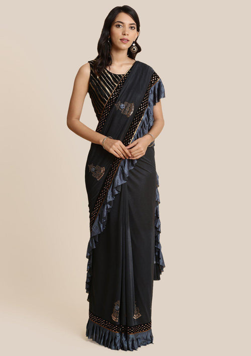 Dark Grey Swarovski Lycra Designer Saree