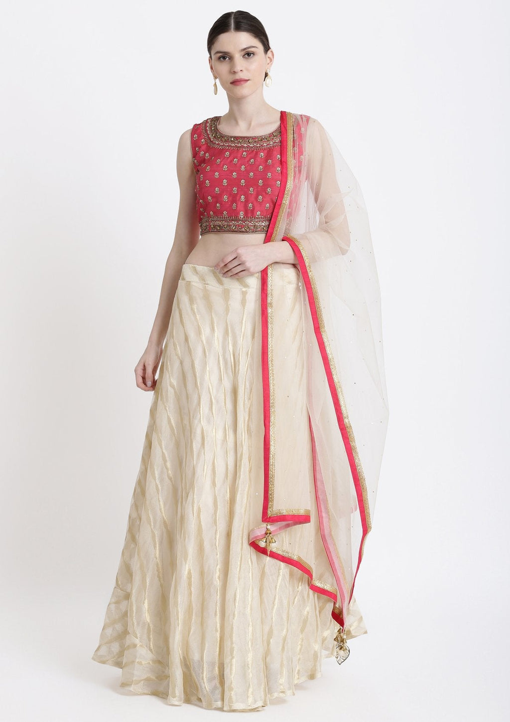 Cream Cutdana Net Readymade Lehenga