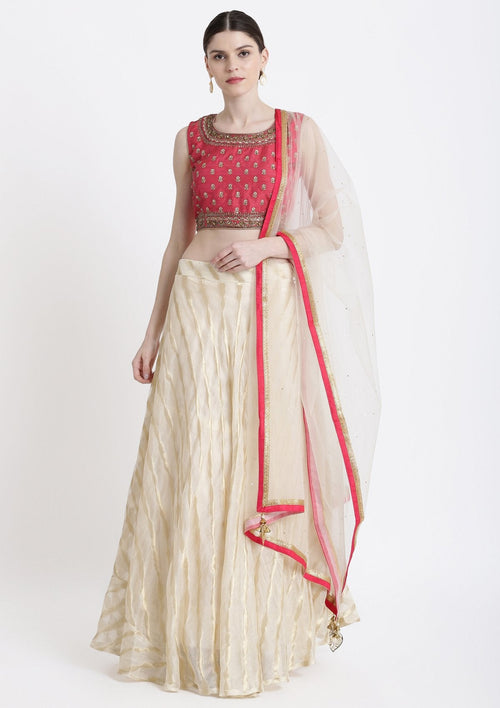 Cream Cutdana Net Readymade Lehenga