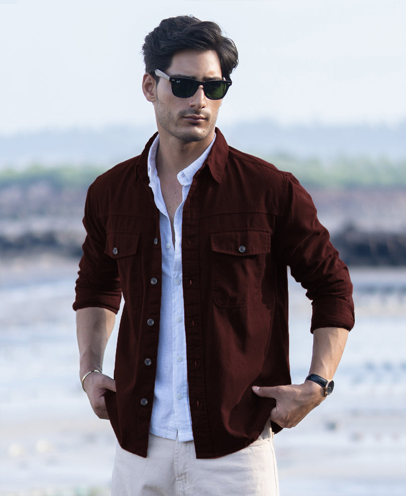 Wine Structured Overshirt With Pockets 100% Cotton