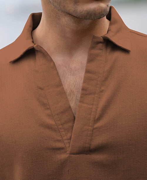 Brown Structured Cotton Kurta Shirt