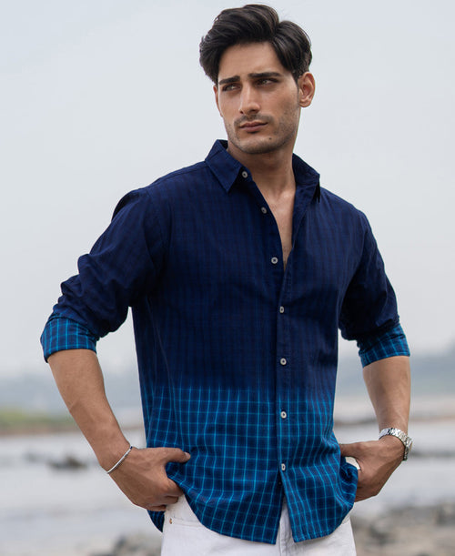 Blue Ombre Checks Shirt 100% Cotton