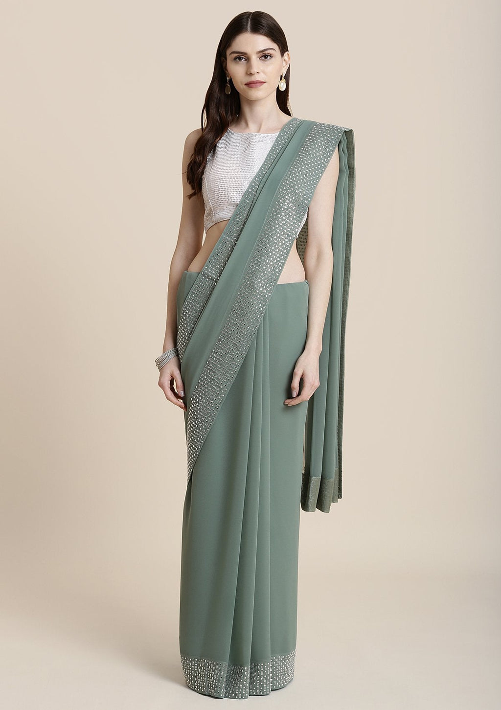 Sea Green Swarovski Georgette Designer Saree