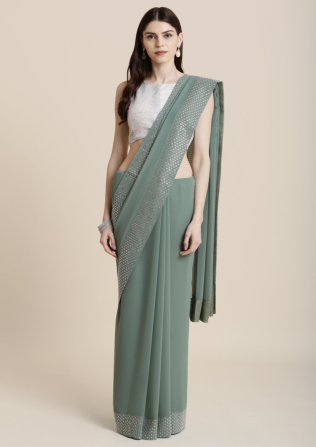 Sea Green Swarovski Georgette Designer Saree