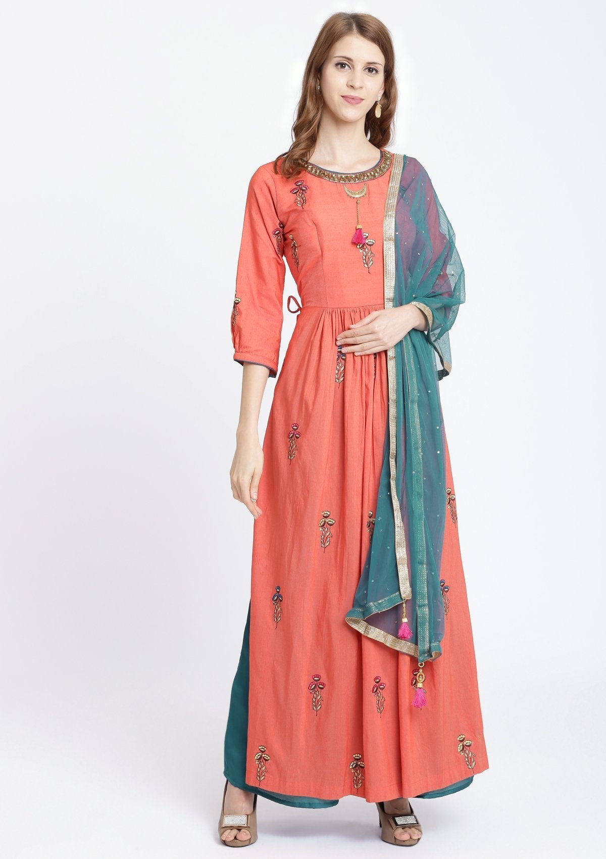 Peach Stonework Rawsilk Designer Salwar Suit