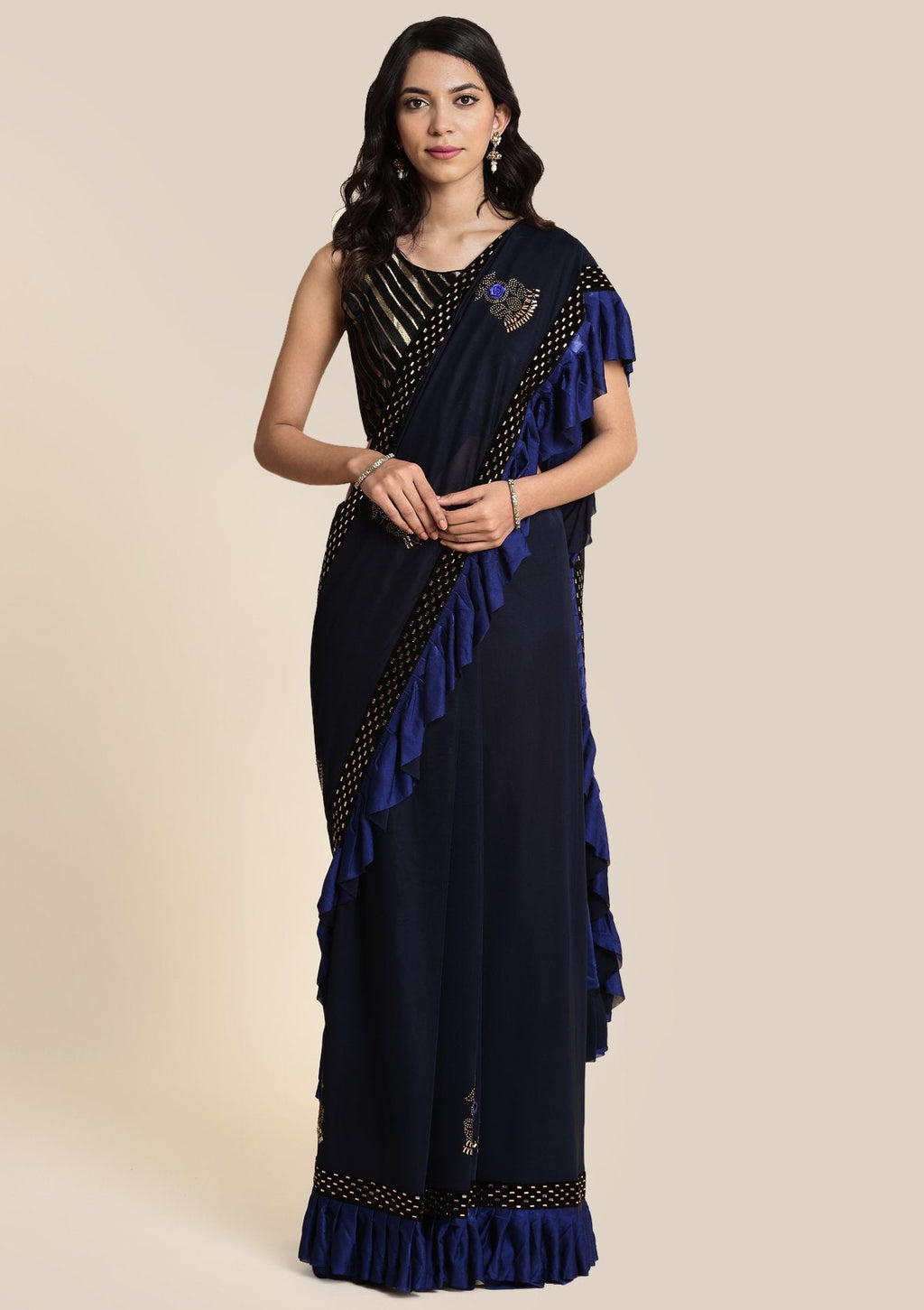 Royal Blue Swarovski Lycra Designer Saree