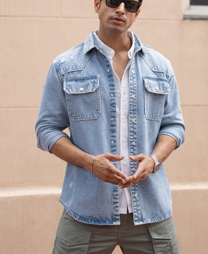 Blue Denim Regular Fit Full Sleeves Shirt 100% Cotton