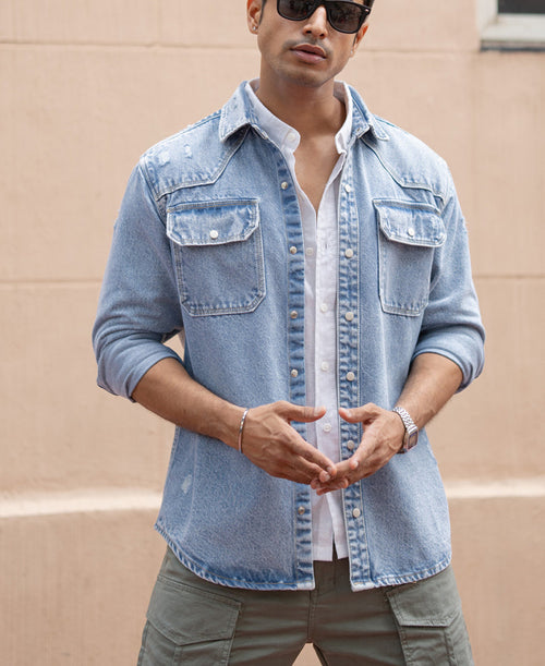 Blue Denim Regular Fit Full Sleeves Shirt 100% Cotton