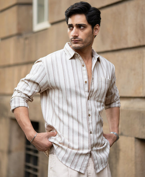 Cream Structured Stripe Shirt 100% Cotton