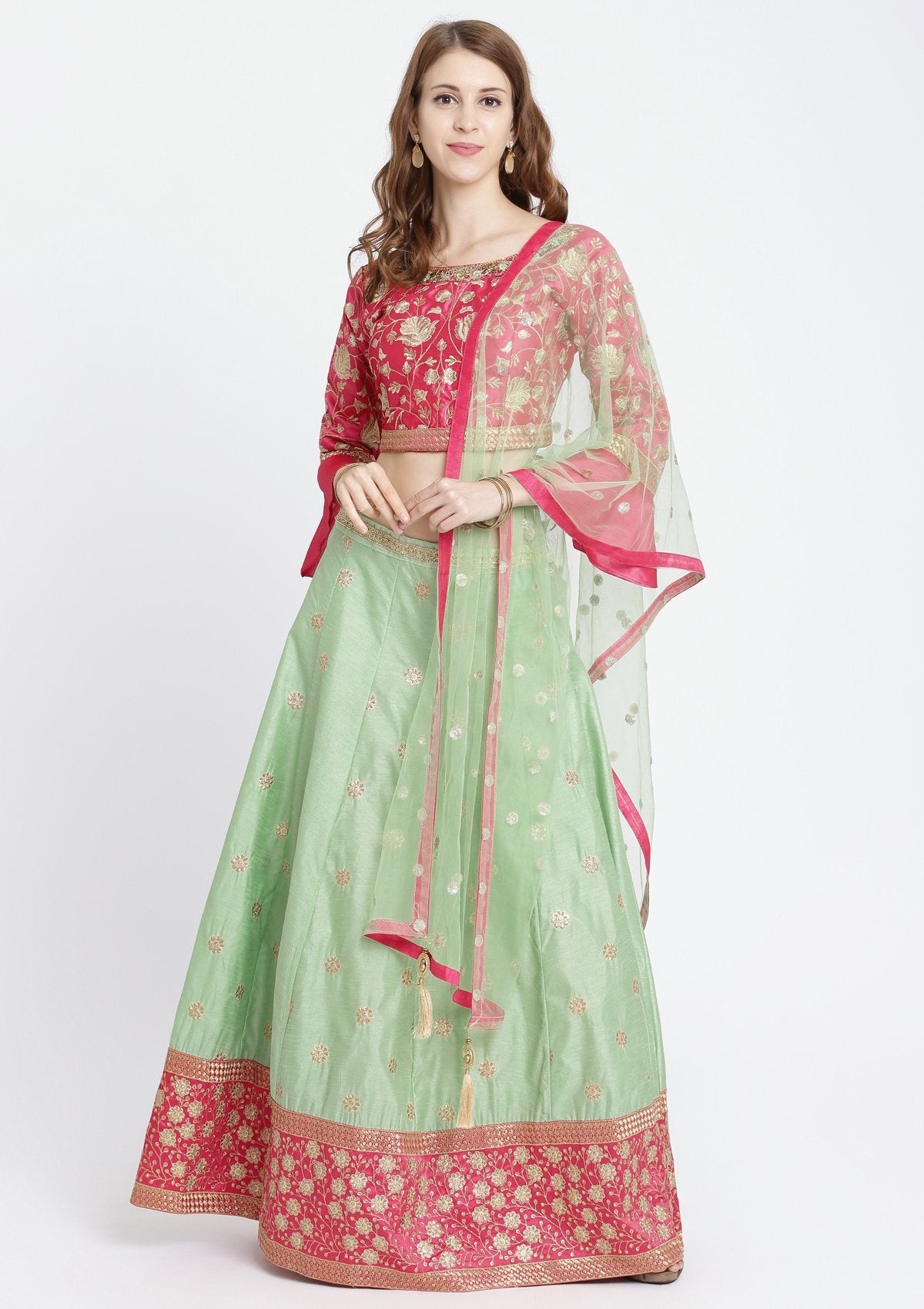 Pista Green Zariwork Rawsilk Readymade Lehenga