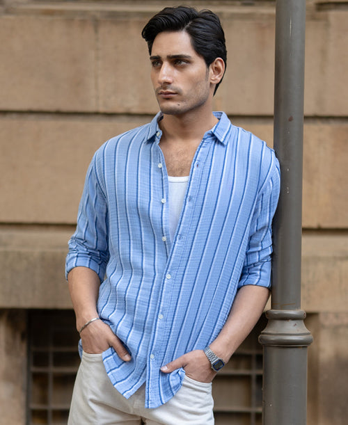 Blue Double Cloth Striped Shirt 100% Cotton