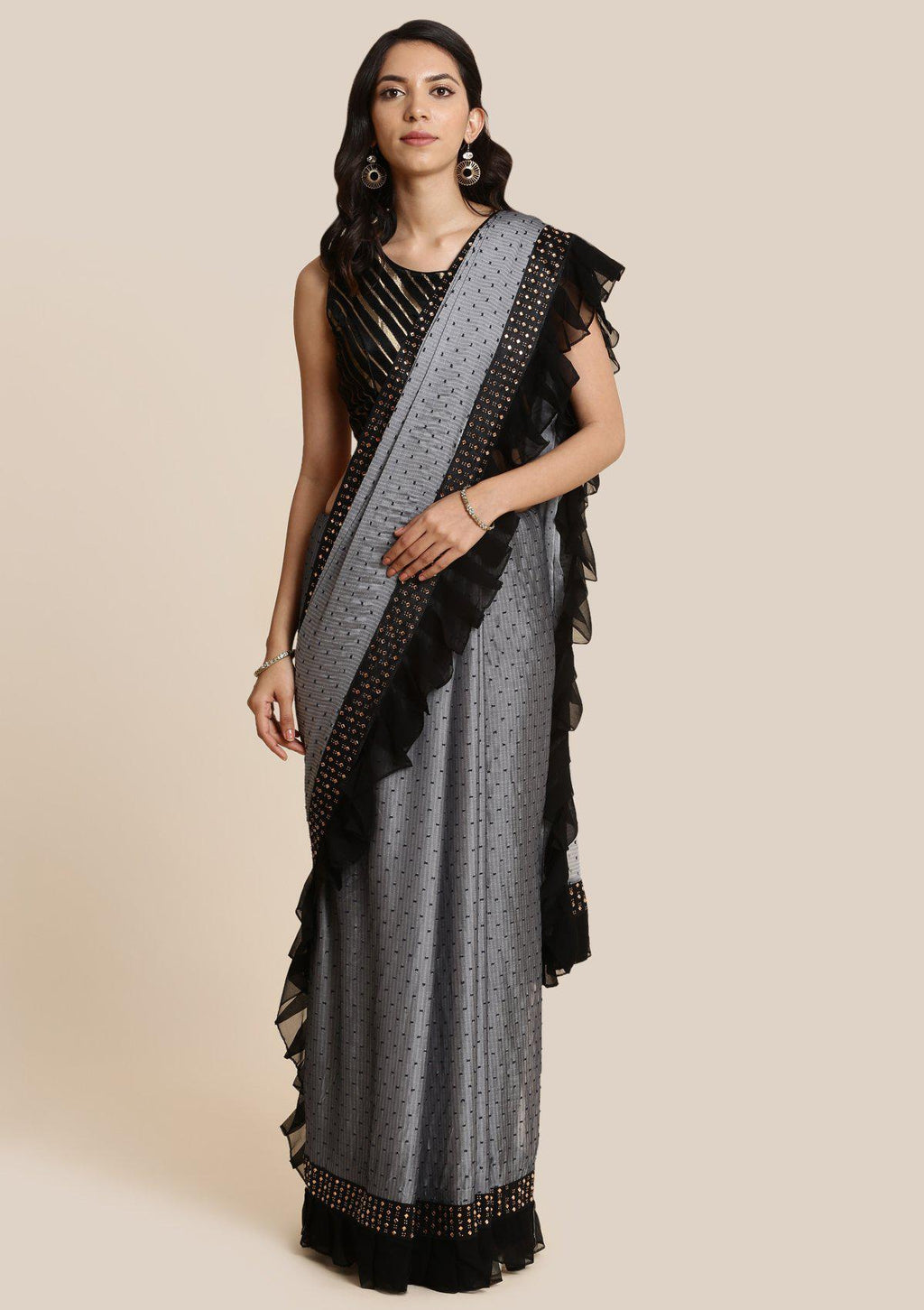 Light Grey Swarovski Georgette Designer Saree