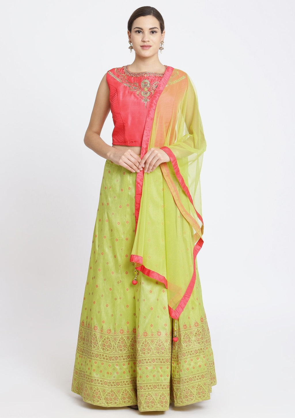 Parrot Green and Candy Pink Stonework Art Silk Readymade Lehenga