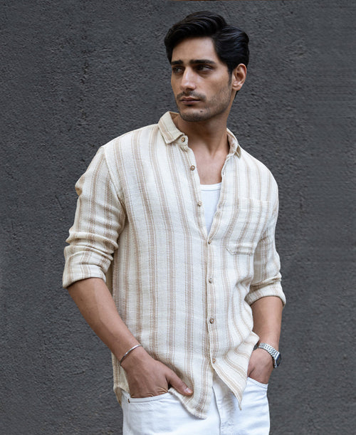 Cream & Beige Structured Stripe Shirt 100% Cotton