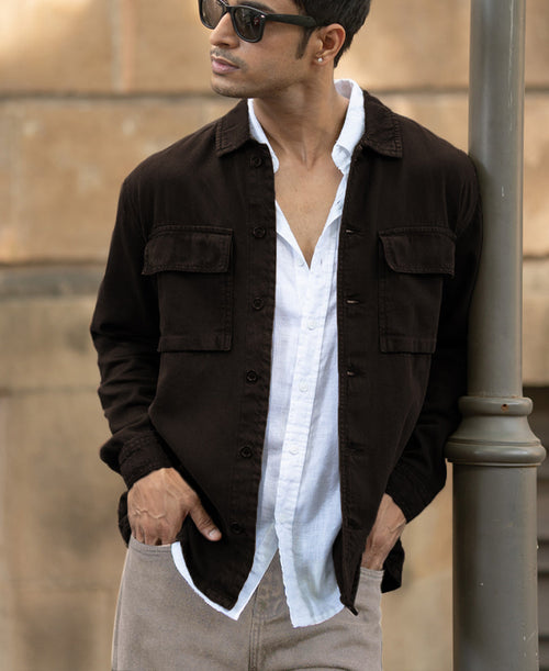 Dark Brown Double Pockets Denim Overshirt 100% Cotton