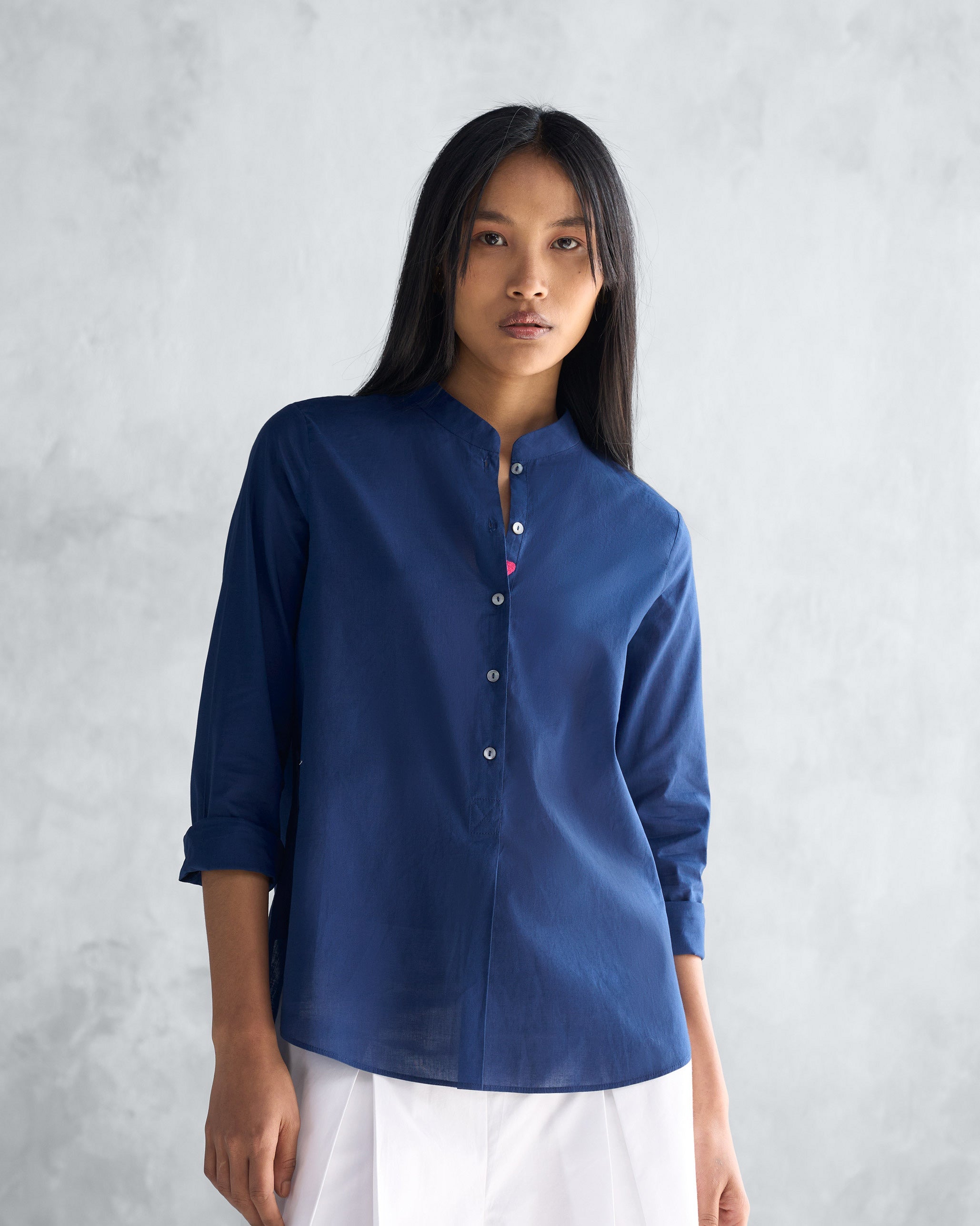 Mandarin Collar Top - Navy