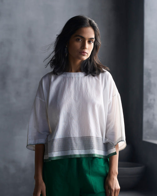 Boat Neck Top - White & Green