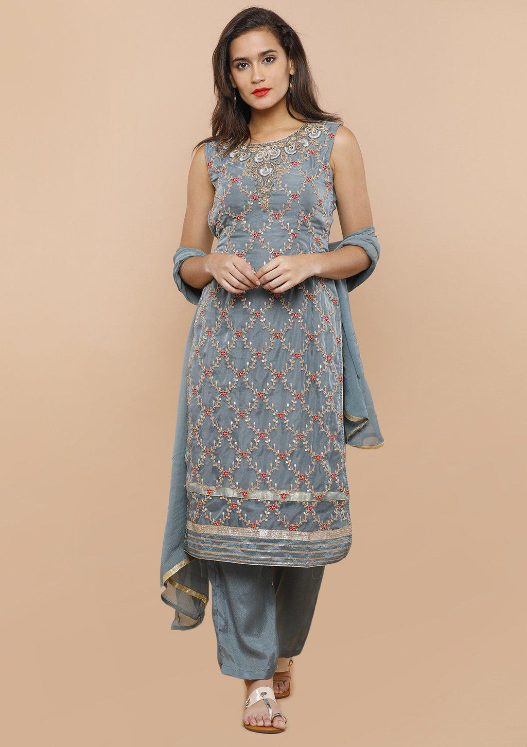 Grey Embellished Tissue Silk Salwar Suit