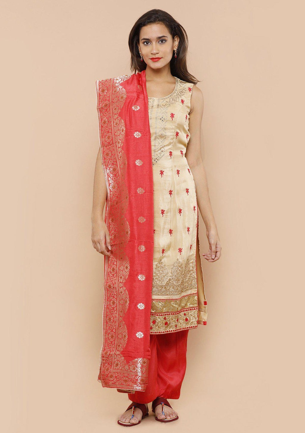 Beige and Red Silk Salwar Suit