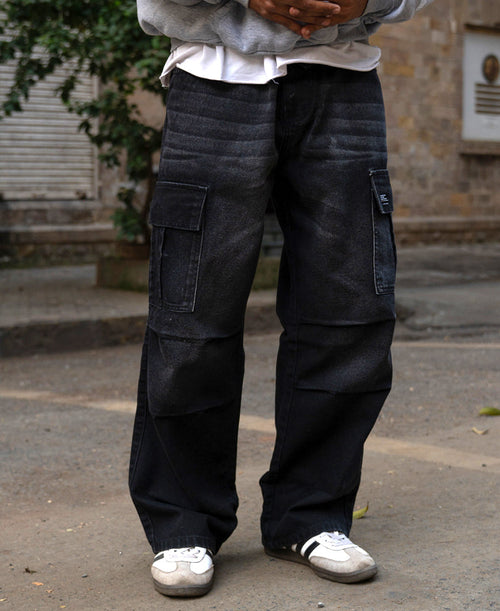Black Washed Cargo Jeans 100% Cotton