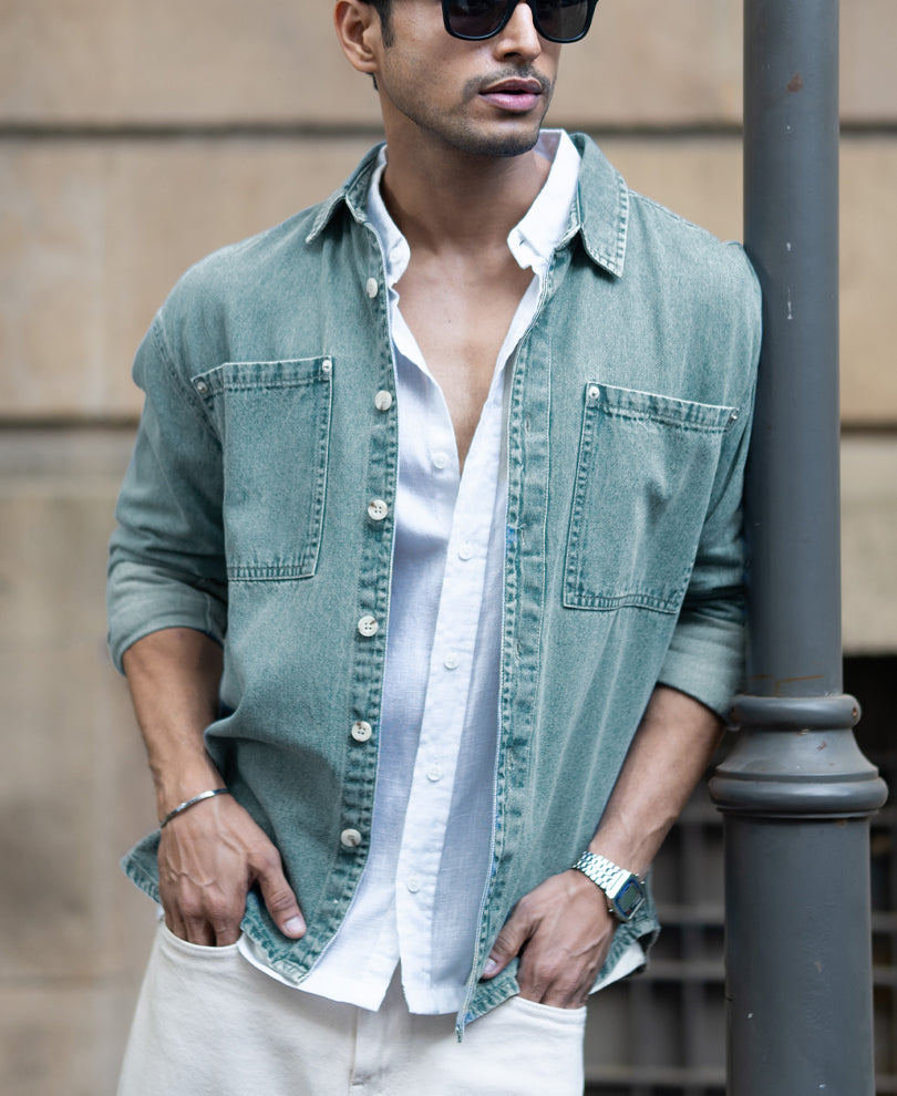 Mid Blue Washed Denim Shirt 100% Cotton