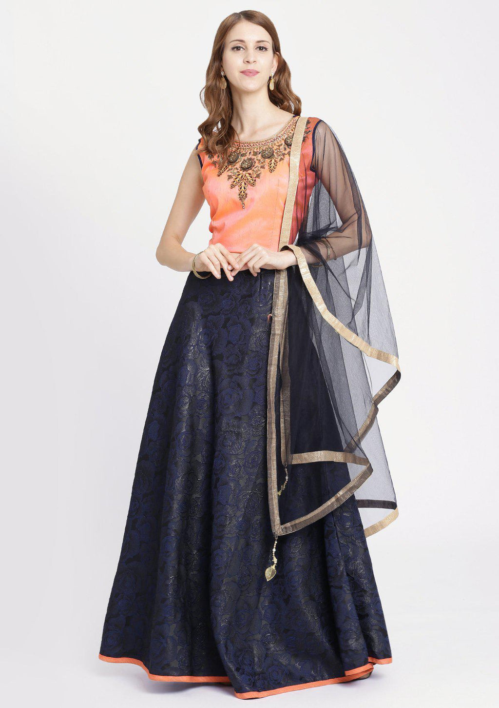 Navy Blue Pearlwork Rawsilk Readymade Lehenga