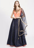 Navy Blue Pearlwork Rawsilk Readymade Lehenga