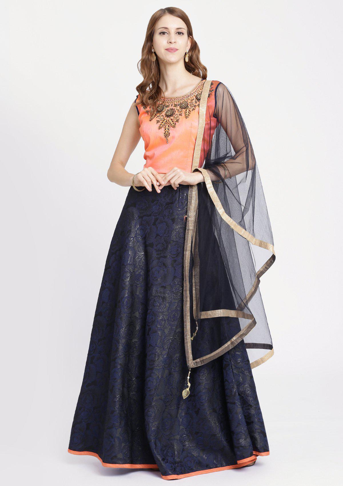 Navy Blue Pearlwork Rawsilk Readymade Lehenga
