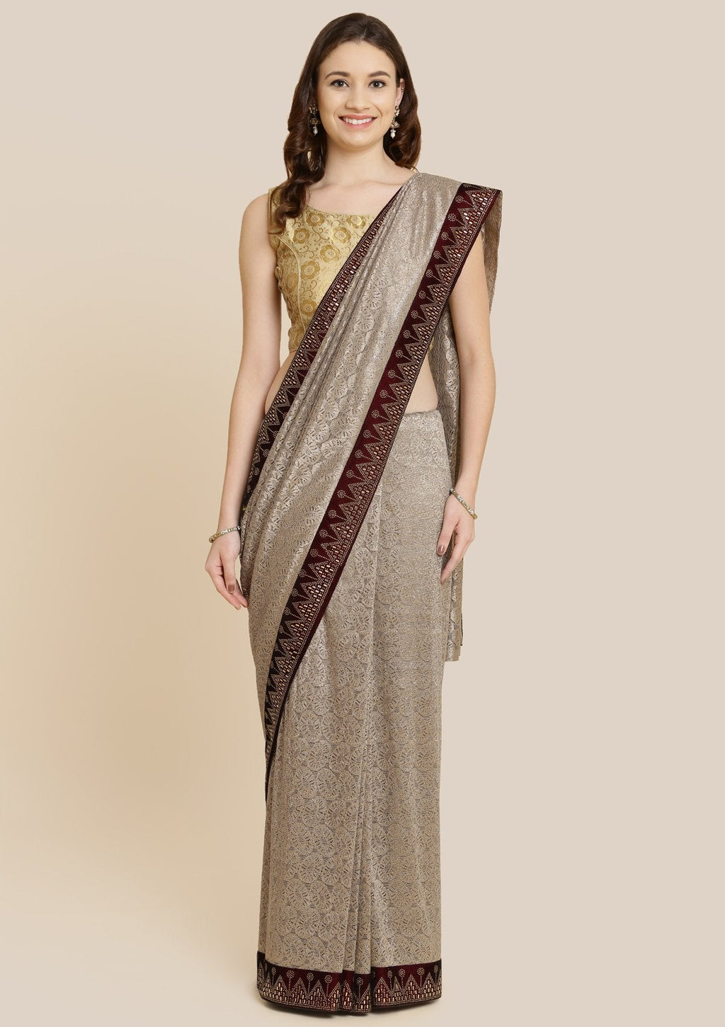 Light Brown Swarovski Net Designer Saree