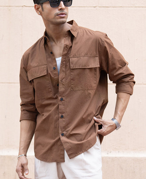 Brown Double Pocket Lightweight Shirt 100% Cotton