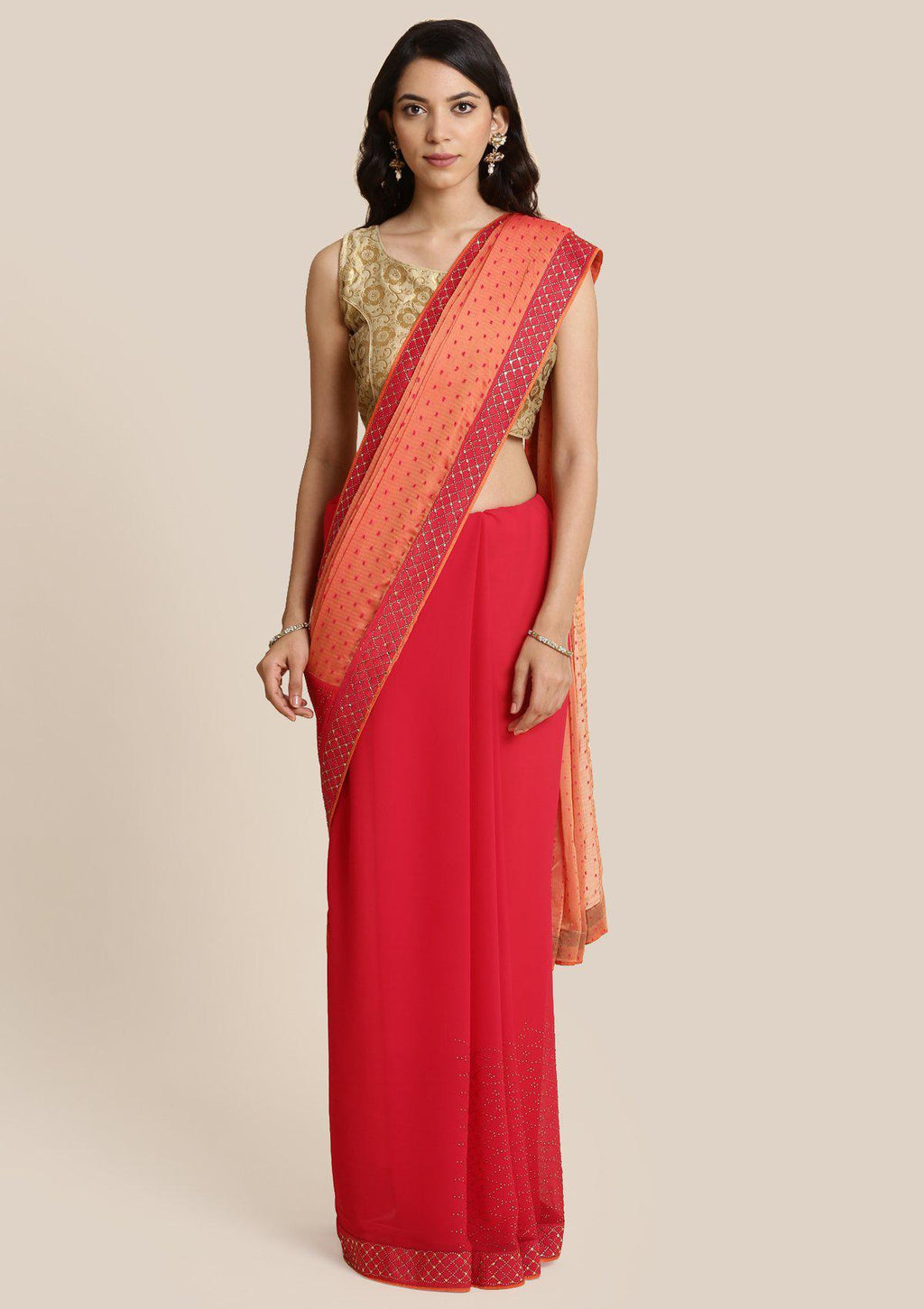 Peach Swarovski Georgette Designer Saree