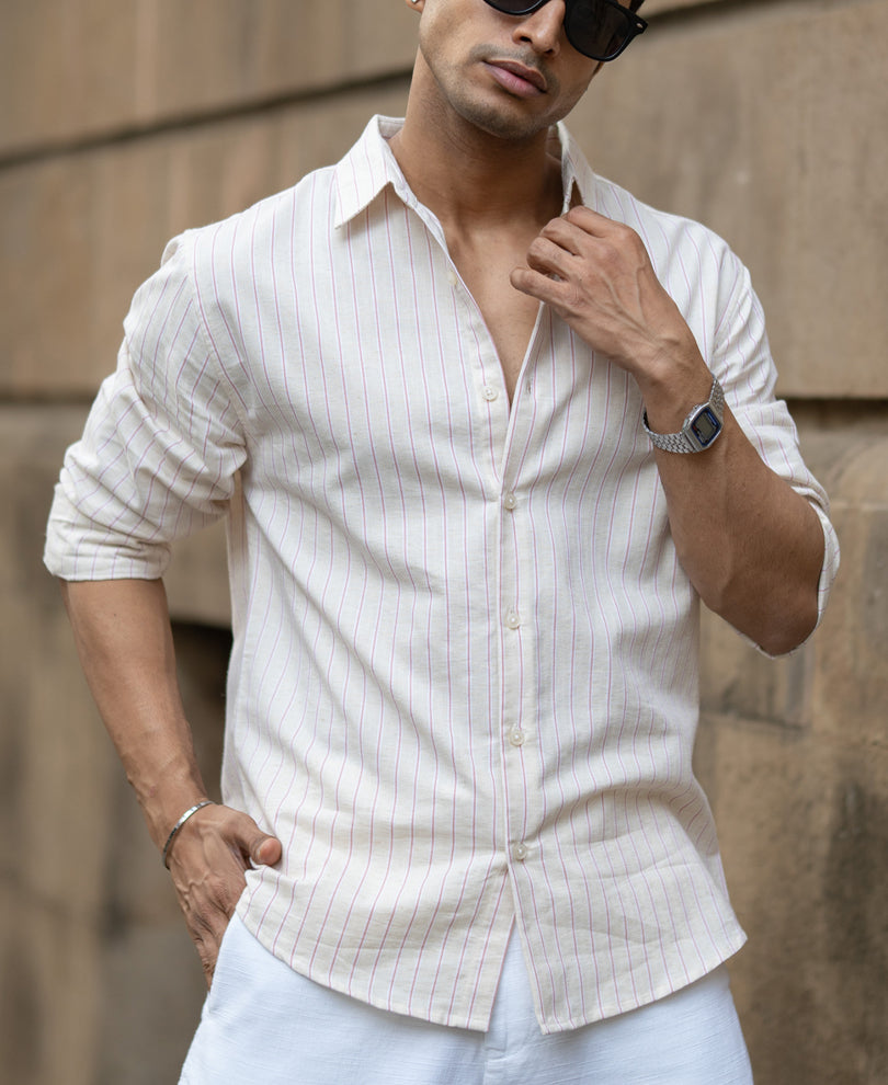 Peach & Beige Linen Stripe Shirt